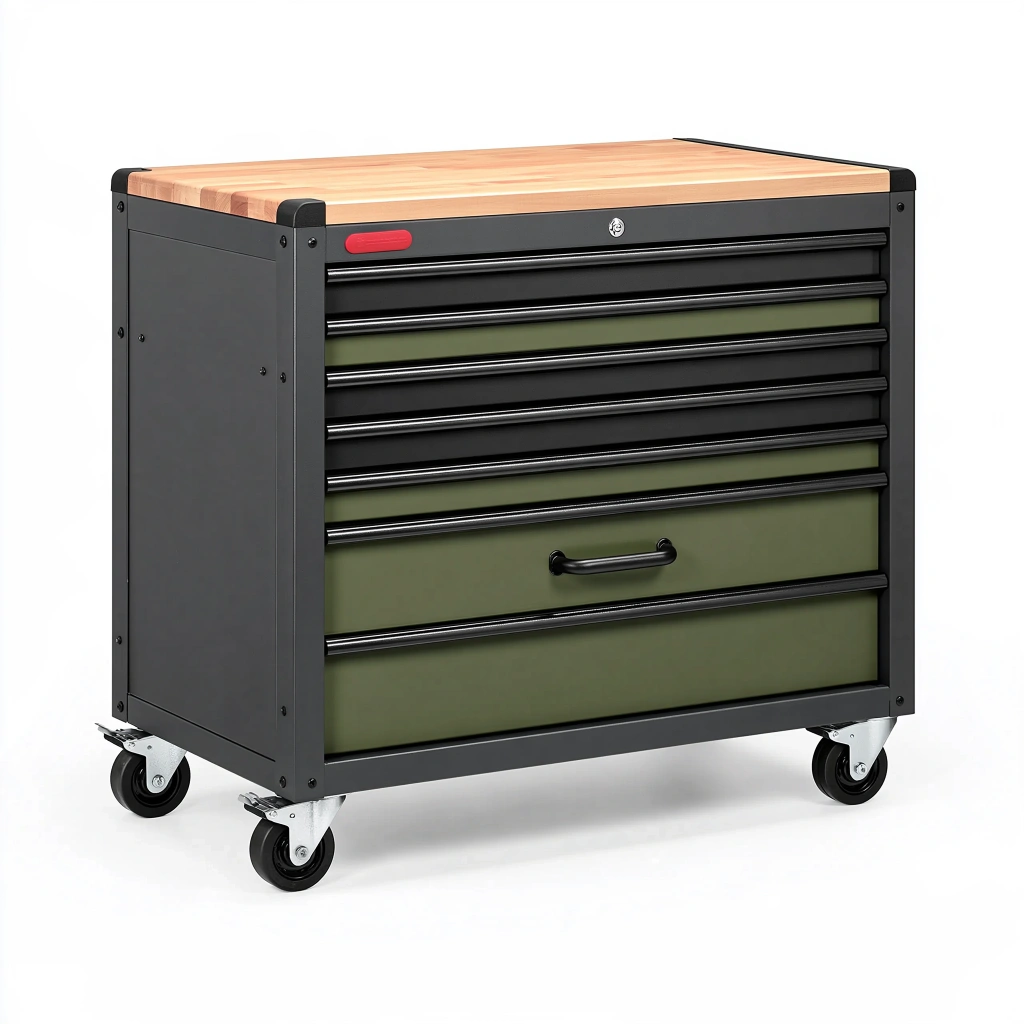 Servante d atelier 76 x 46 x 90 cm en acier noir et vert avec plateau en bois à 7 tiroirs