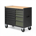 Servante d'atelier 100 x 50 x 95 cm en acier noir et vert avec plateau en bois sur roulettes