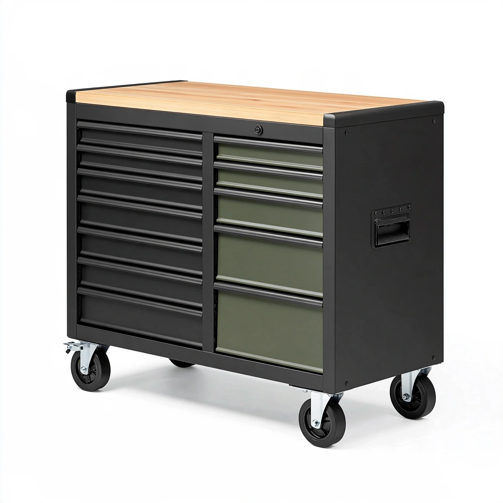 Servante d'atelier 100 x 50 x 95 cm en acier noir et vert avec plateau en bois sur roulettes