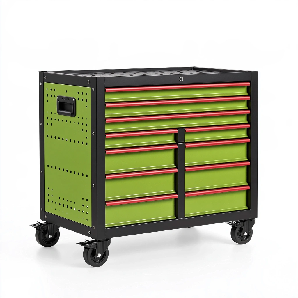 Servante d atelier 80 x 45 x 95 cm en acier vert noir rouge à 10 tiroirs sur roulettes