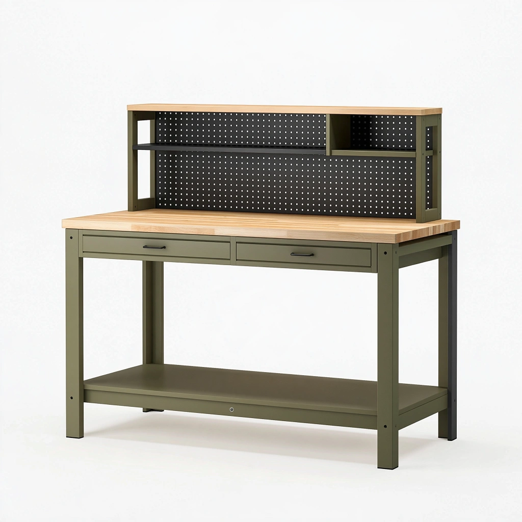 Établi 120 x 60 x 150 cm en bois et métal vert avec rangements style industriel