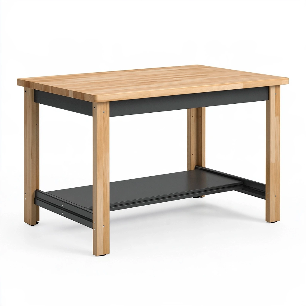 Établi d'atelier 120 x 60 x 90 cm en bois naturel et métal noir avec tablette basse