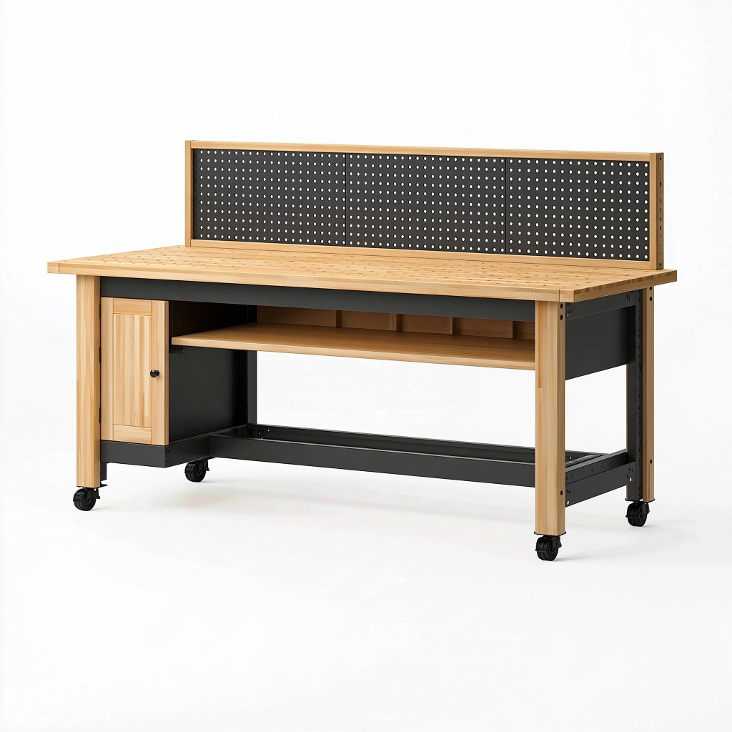 Établi mobile 150 x 60 x 150 cm bois et acier naturel noir avec panneau perforé