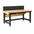 Établi 152 x 61 x 91 cm en bois naturel et acier noir avec panneau perforé et roulettes