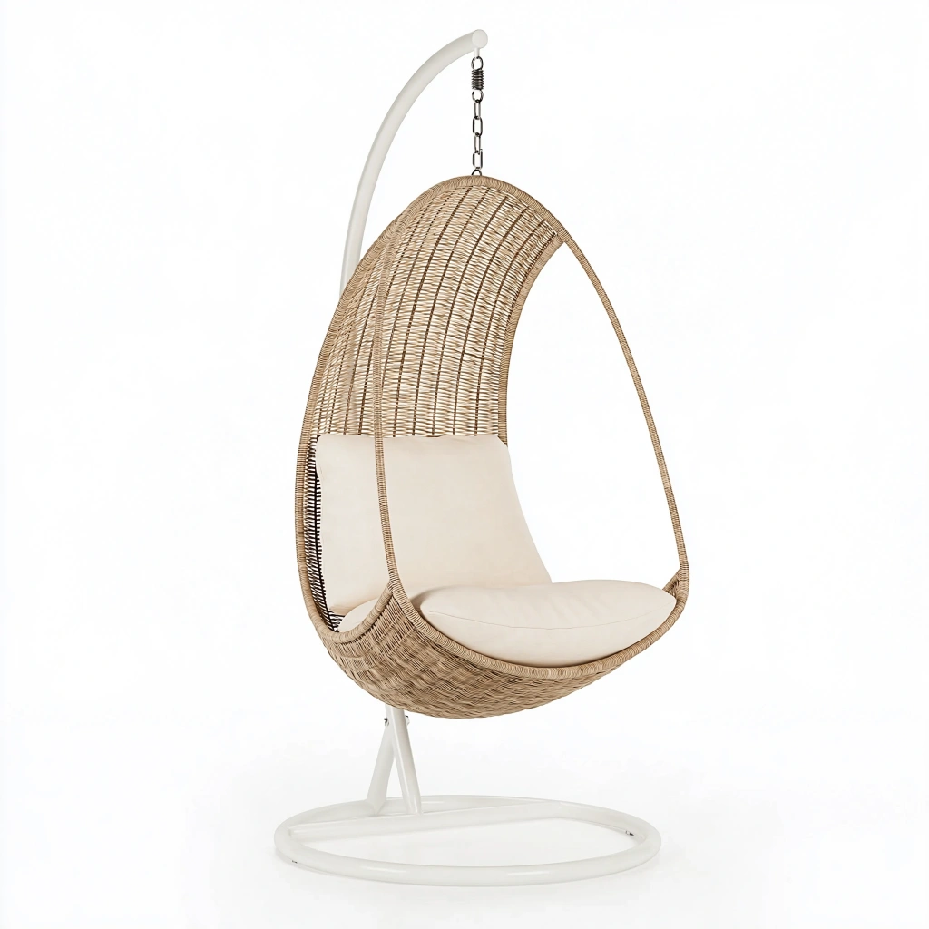 Fauteuil suspendu 105 x 95 x 195 cm en fibre tressée beige avec pied métal pour intérieur