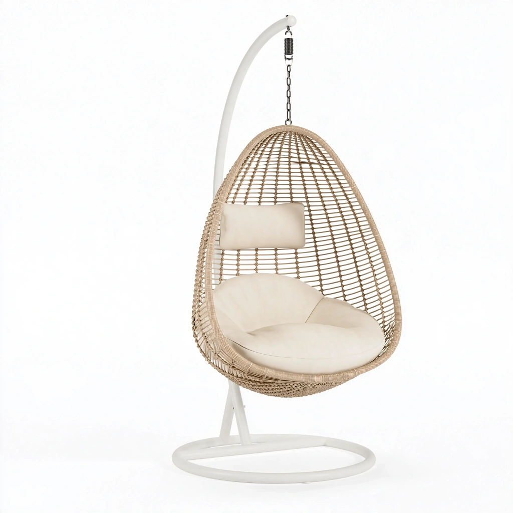 Fauteuil suspendu 105 x 105 x 195 cm en rotin beige et acier blanc style bohème