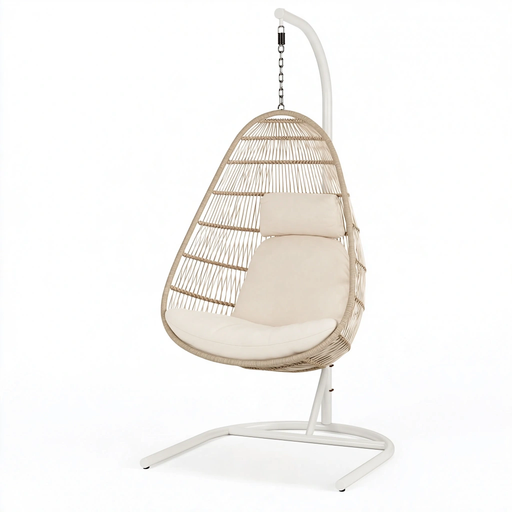 Fauteuil suspendu 105 x 105 x 195 cm en corde beige avec support en acier - style bohème