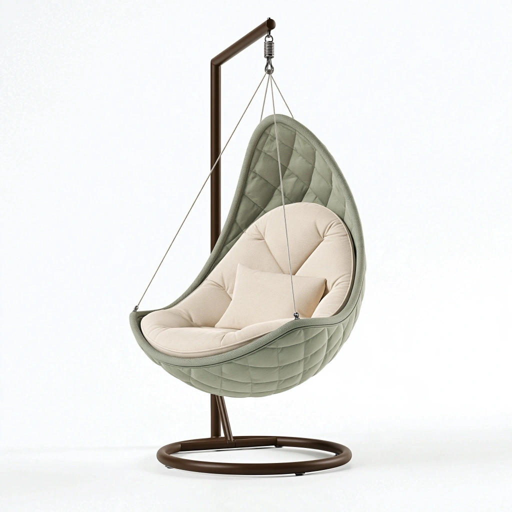 Fauteuil suspendu 110 x 110 x 200 cm en métal et textile vert sauge avec support - siège cocon matelassé