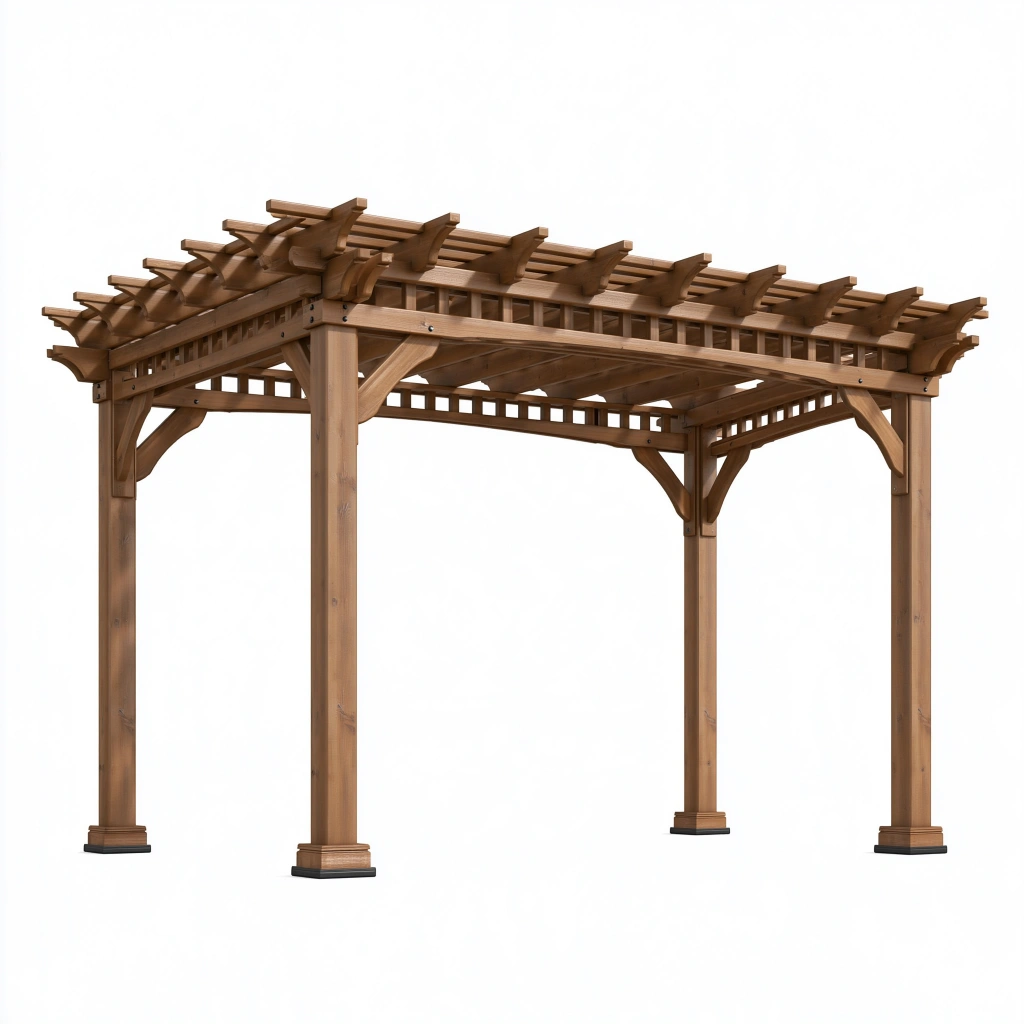 Pergola de jardin 300 x 300 x 240 cm en bois marron style traditionnel à lames ajourées