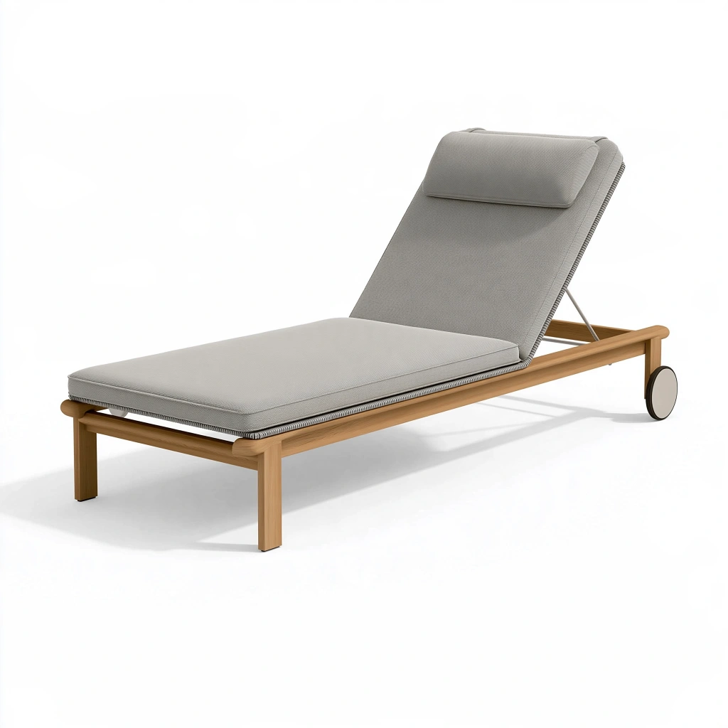 Chaise longue de jardin 200 x 70 cm en bois naturel et tissu gris à dossier réglable