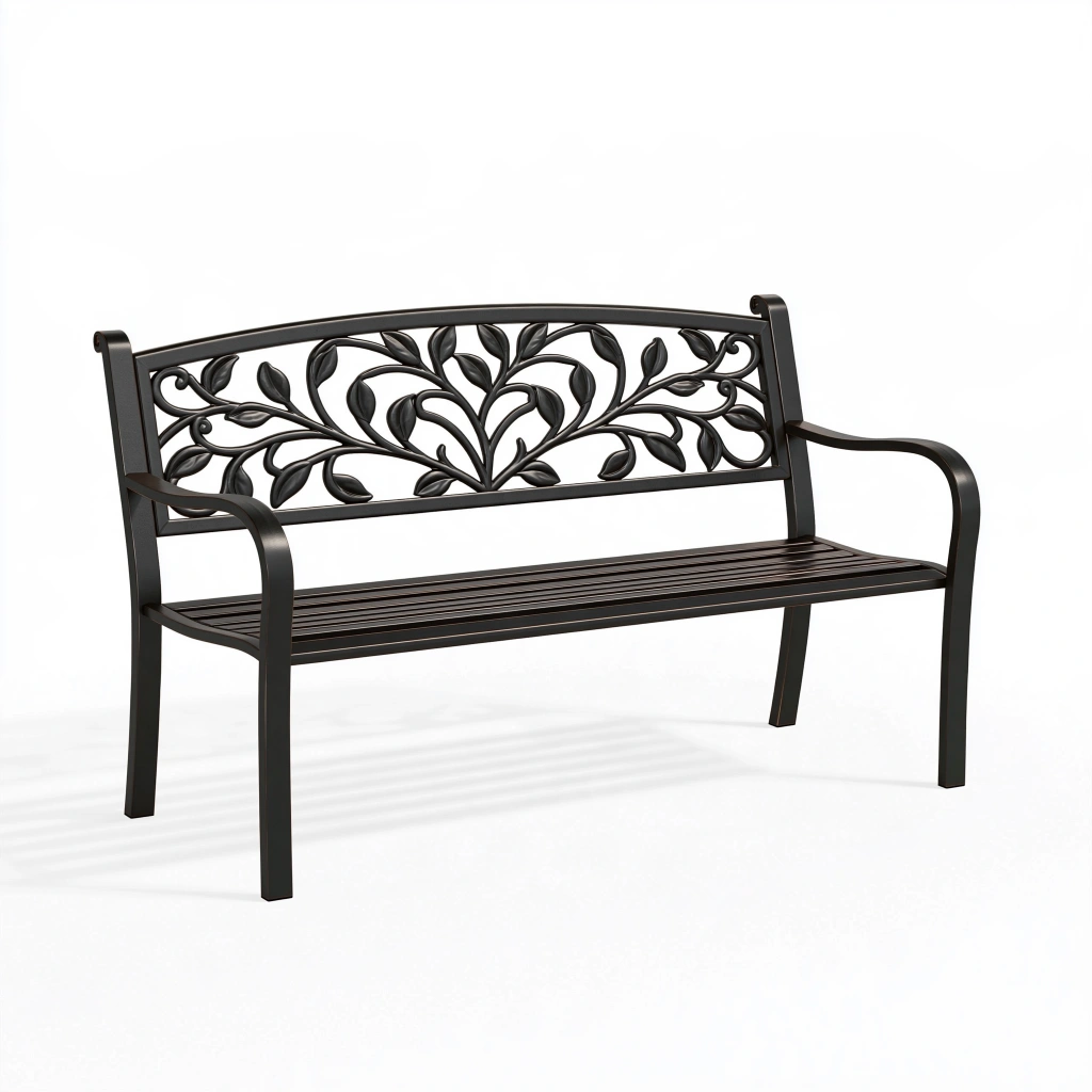 Banc de jardin 122 x 60 x 92 cm en métal noir style végétal pour extérieur
