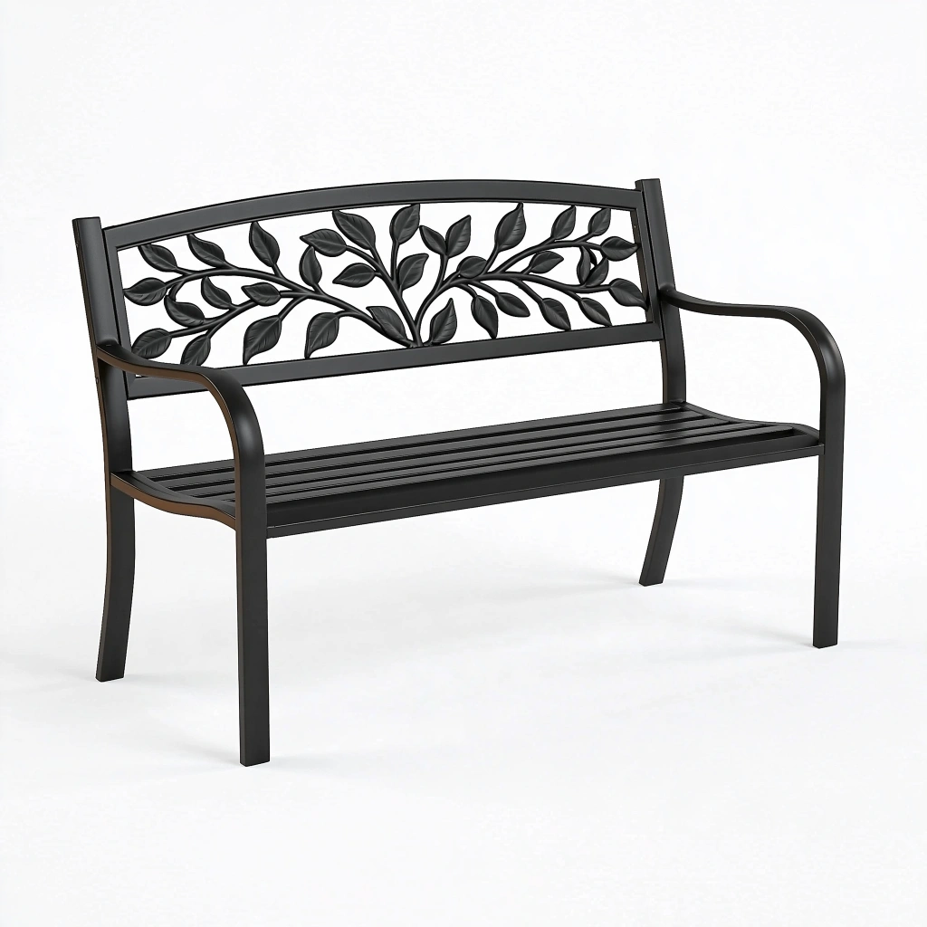 Banc de jardin 122 x 62 x 88 cm en métal noir à motif feuilles