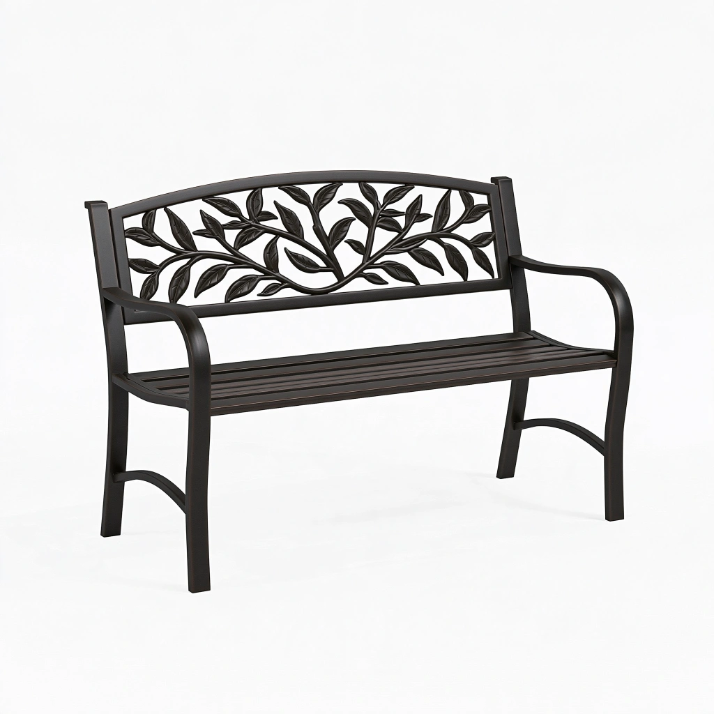 Banc de jardin 122 x 62 x 89 cm en métal noir à motif feuillage