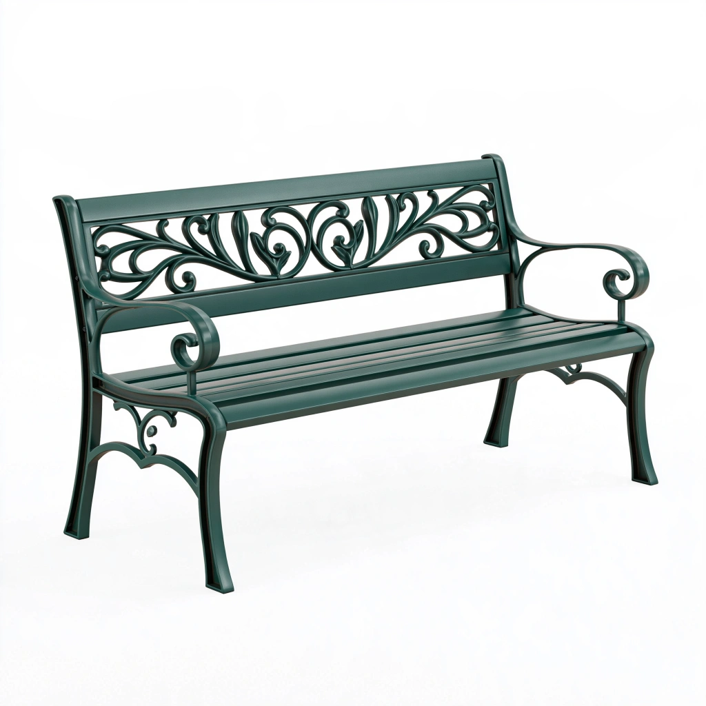 Banc de jardin 150 x 60 x 90 cm en métal vert foncé à dossier décoratif